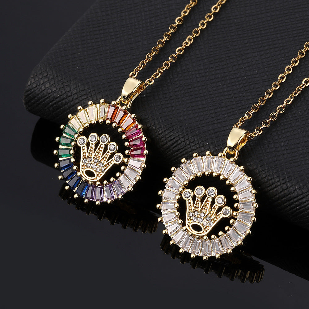 Women's Design Color Zircon Gold Plated Crown Sweet Necklaces