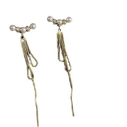 Suitable Tassel Elegant Round Pearl Long Earrings