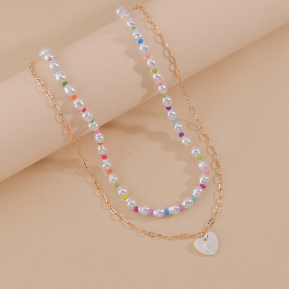 Women's Pearl Mixed Color Bead Love Pendant Double Layer Necklaces