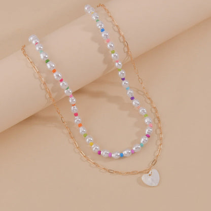 Women's Pearl Mixed Color Bead Love Pendant Double Layer Necklaces
