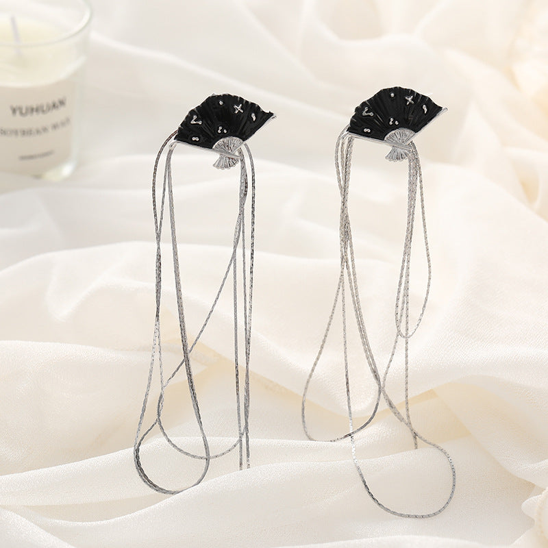 Chinese Style Antique Fan Long Fringe Earrings