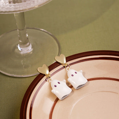 Sier Needle Cute Villain Ghost Heart Earrings