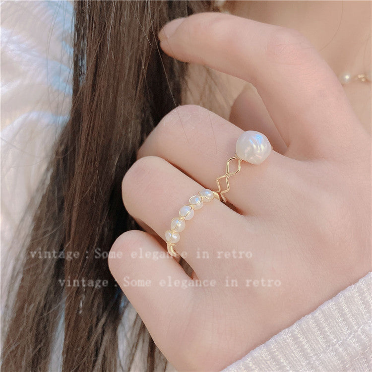 Retro Freshwater Pearl Woven Open Index Rings