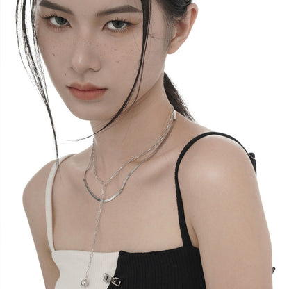 Women's Small Sier Double Layer Blade Chain Long Necklaces