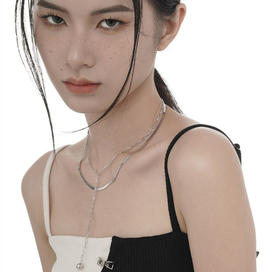 Women's Small Sier Double Layer Blade Chain Long Necklaces
