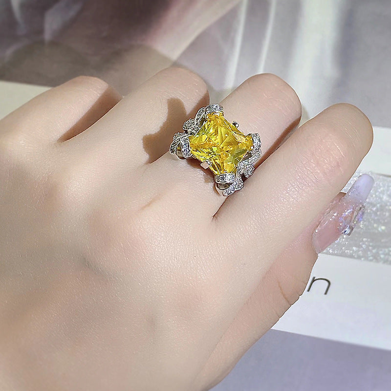 Luxury Diamond Yellow Princess Square Ice Flower Rings