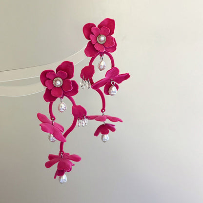 Fashionable Long Dopamine Flocking Flower Elegant Earrings