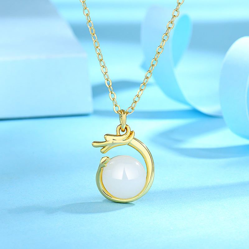 Women's Fashion Life Zodiac Dragon Jade Cute Golden Pendant Necklaces