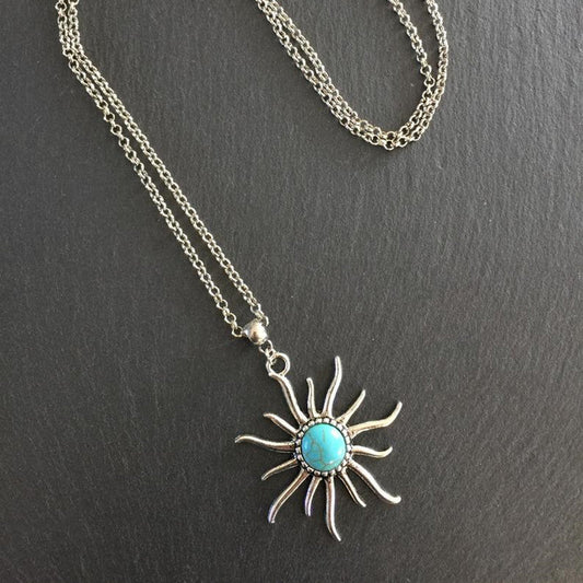 Boho Sun Pendant Sunflower Cracked Turquoise Necklaces
