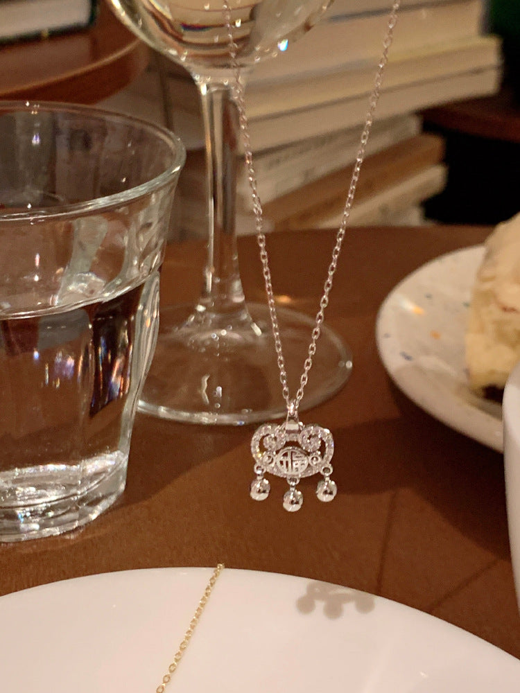 Women's Sier Accessories Safety Lock Pendant Fu Character Necklaces
