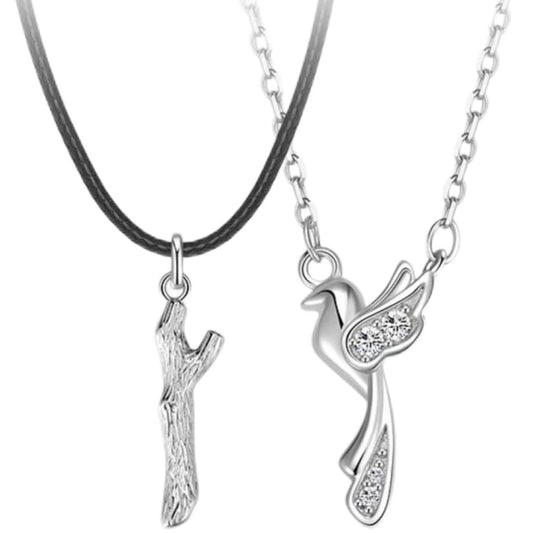 Blue Eucalyptus And Bird Couple Pair Necklaces