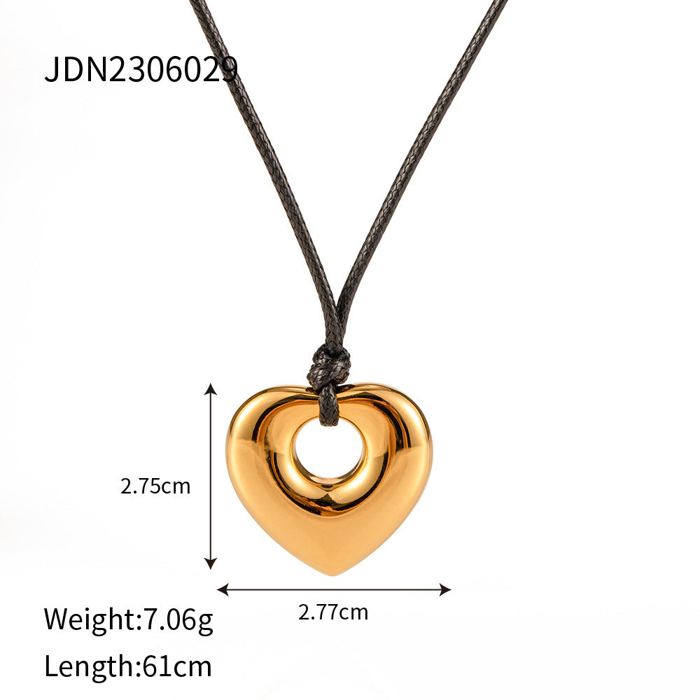 Steel Black Wax Rope Hollow Heart Pendant Light Luxury Necklaces