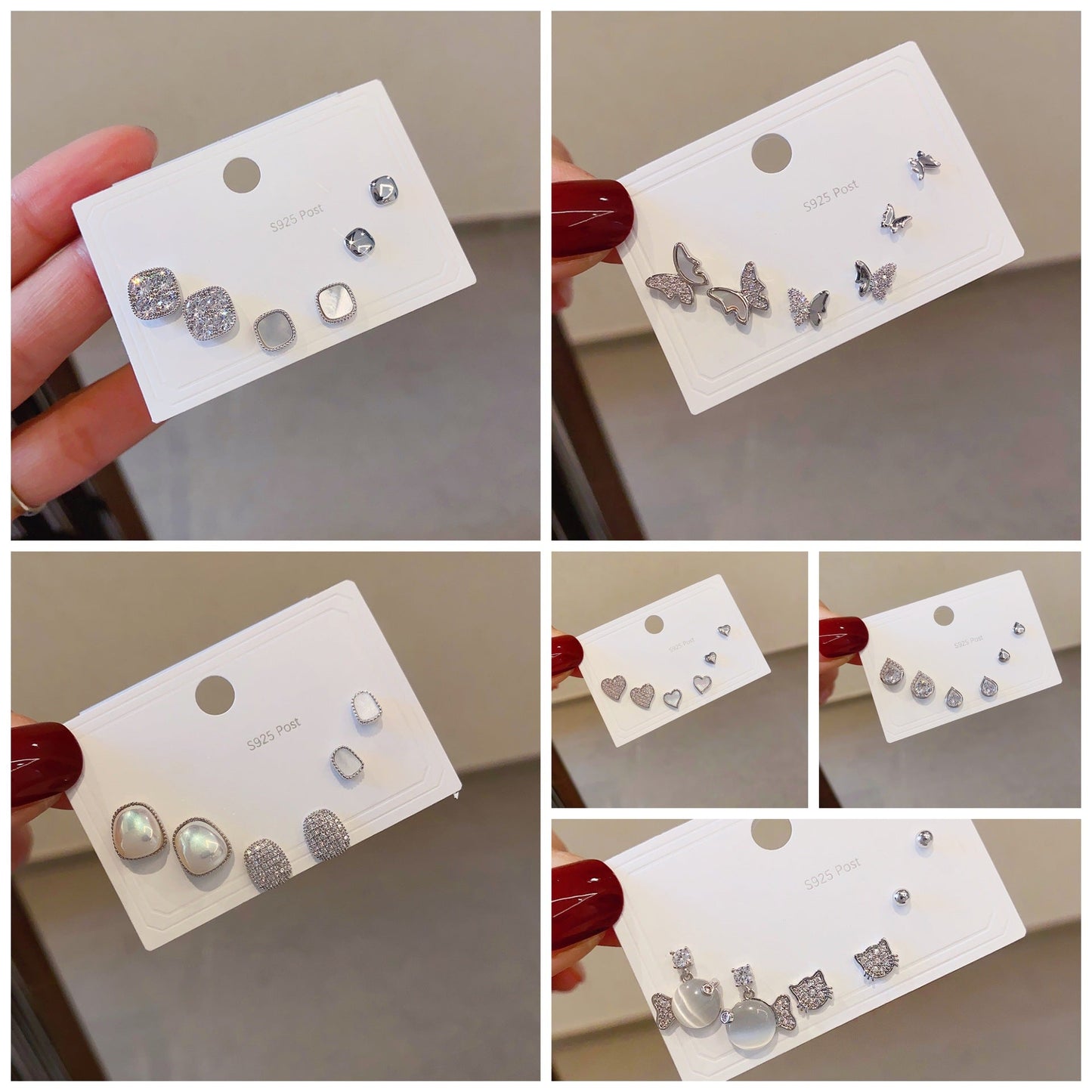 Women's Fashion Sier Set One Card Three Small Ear Needle Earrings