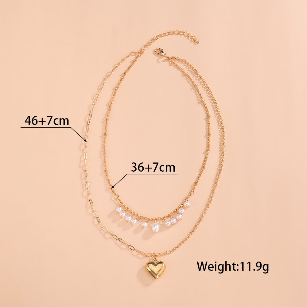 Women's Tassel Pearl Love Pendant Double Layer Necklaces