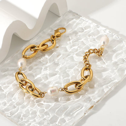 Women's Gold Plated Stainless Steel Pearl Oval Chain Short Bracelets