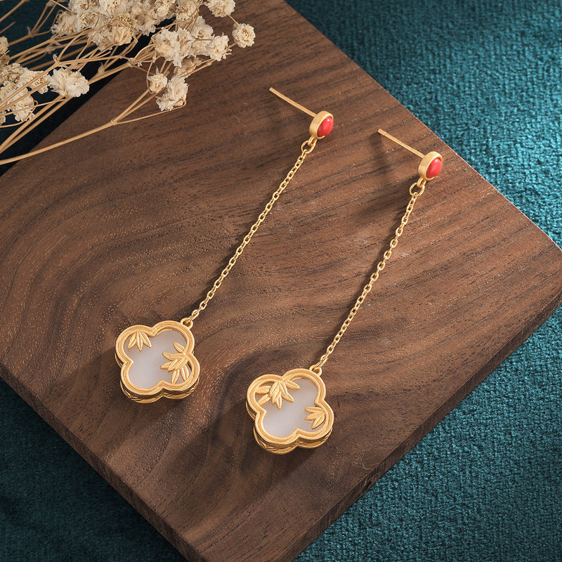 Women's Matching Sier Needle Jade South Red Earrings