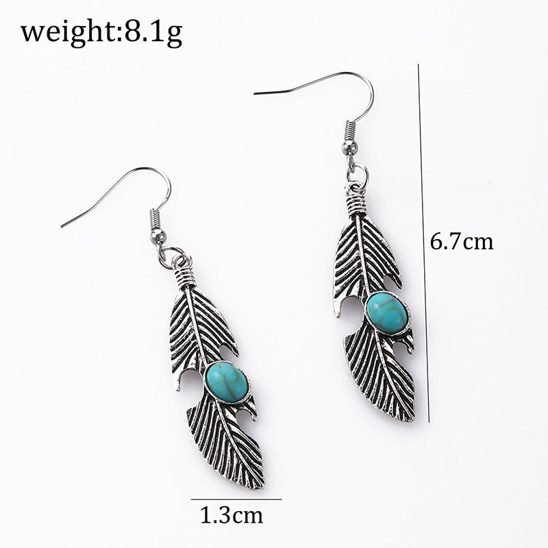 Style Feather Inlaid Turquoise Seaside Holiday Long Earrings