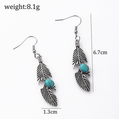 Style Feather Inlaid Turquoise Seaside Holiday Long Earrings