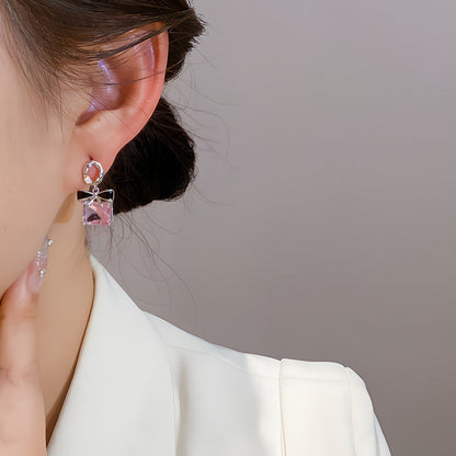 Sier Square Bow Light Luxury Temperament Earrings