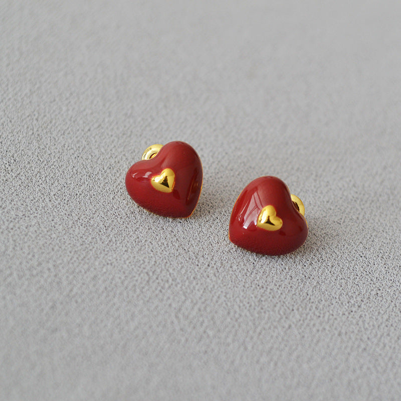Simple Enamel Drip Glazed Heart Brass Gold Earrings