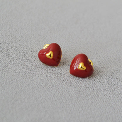 Simple Enamel Drip Glazed Heart Brass Gold Earrings