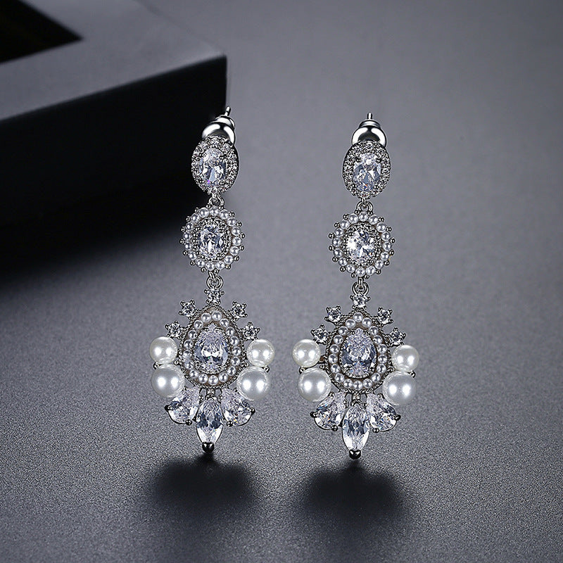Zircon Pearl Exaggerated Temperamental Bridal Banquet Earrings