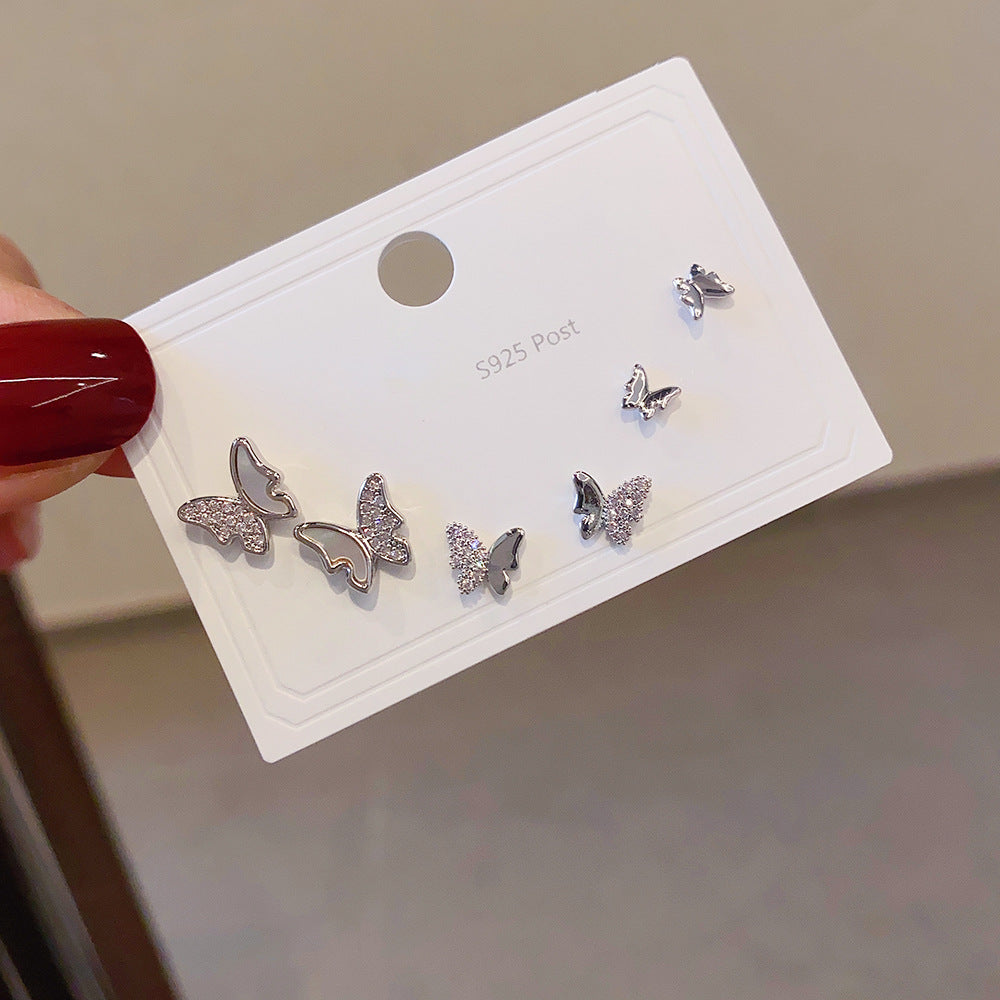 Women's Fashion Sier Set One Card Three Small Ear Needle Earrings