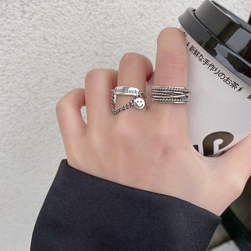 Women's Sier Smiling Face Temperament Retro Punk Simple Rings