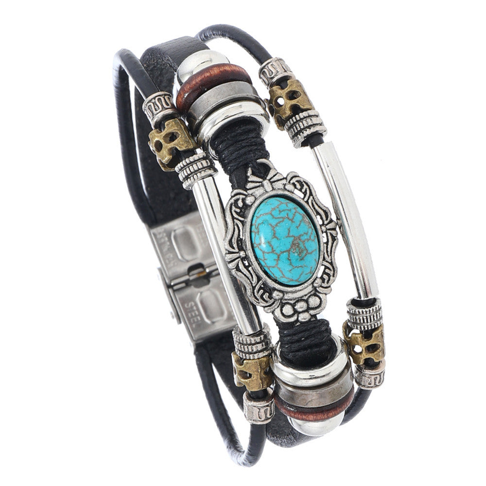 Men's Beaded Leather Bohemia Style Turquoise Stainless Bracelets