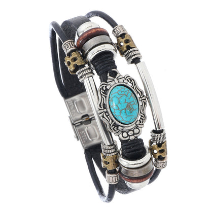 Men's Beaded Leather Bohemia Style Turquoise Stainless Bracelets