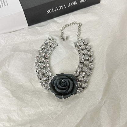 Color Three-dimensional Large Rose Catwalk Temperament Rhinestone Necklaces