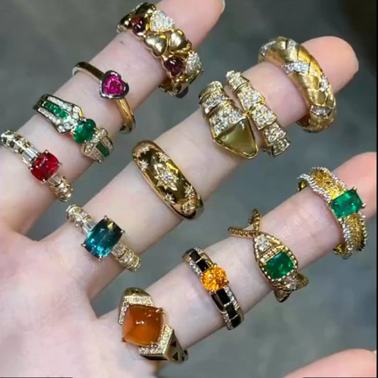 Women's Glass French Retro Gold-plated Spirit Snake Full Rings