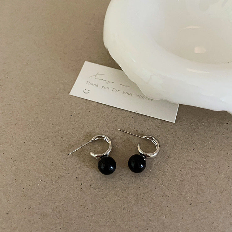 Design Black Natural Stone Pearl Metal Female Niche Retro Earrings