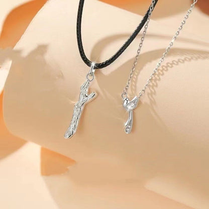 Blue Eucalyptus And Bird Couple Pair Necklaces