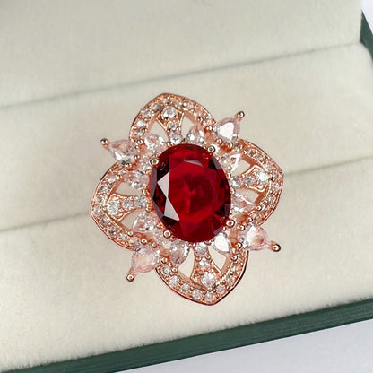 Light Luxury Blooming Flower Open Ruby Rings
