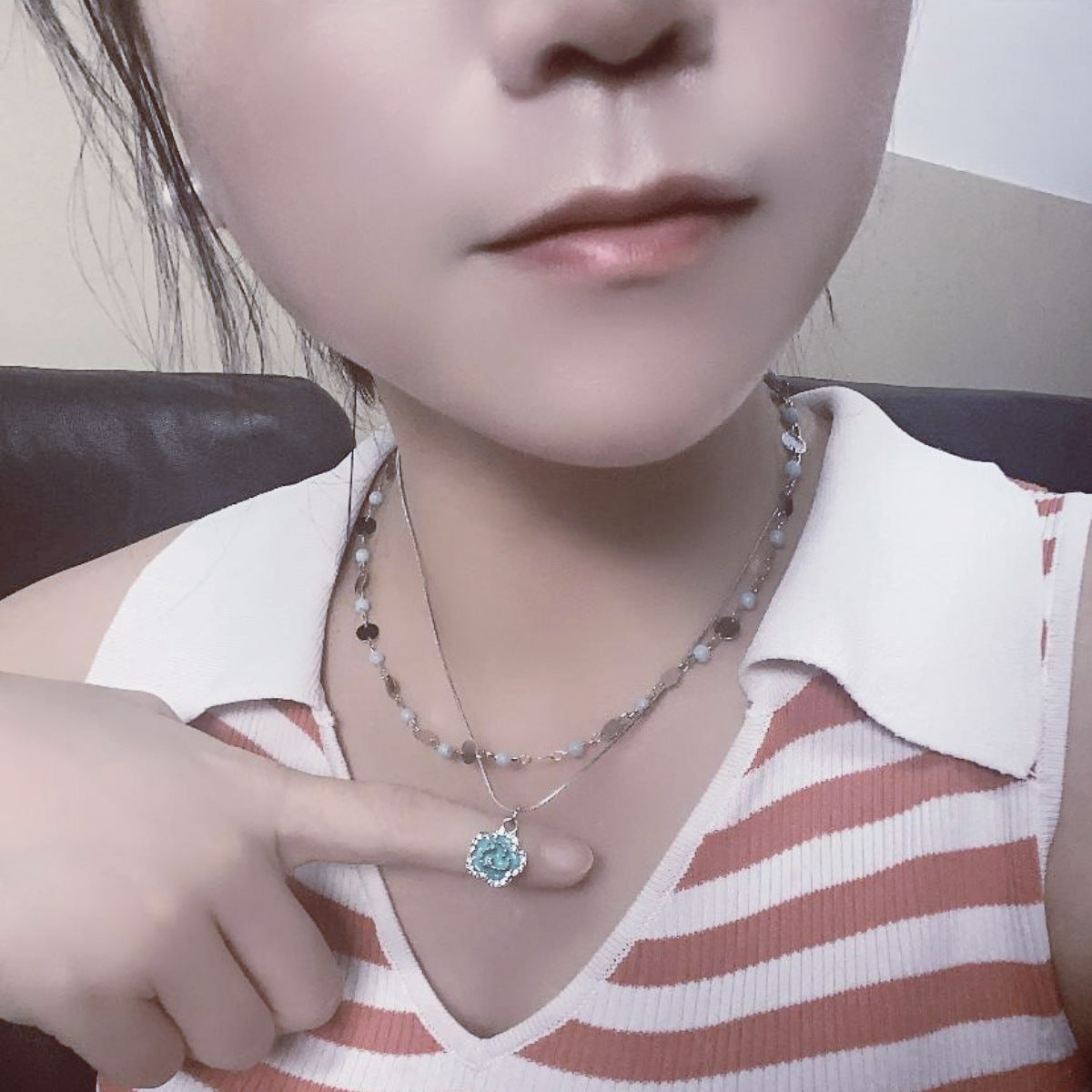 Layer Twin Blue Rose Titanium Steel Necklaces