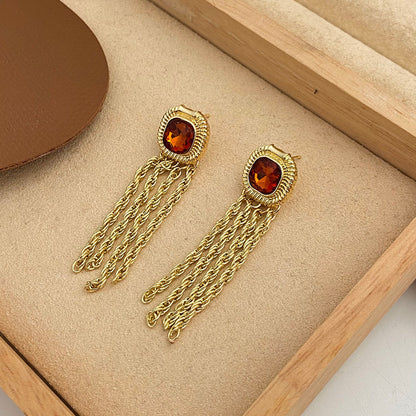 Women's French Retro Graceful Geometric Tassel Long Ancient Stroke Light Earrings