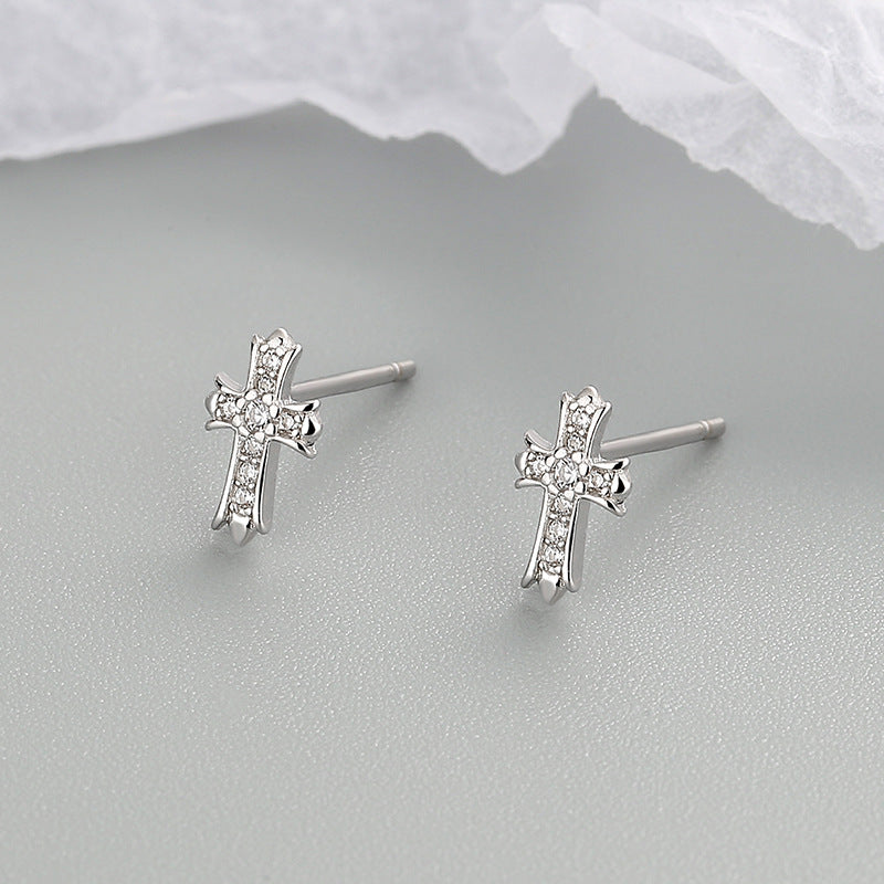 Sier Cross Diamond Zircon Mini Fashionable Simple Earrings