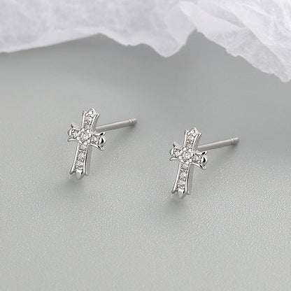 Sier Cross Diamond Zircon Mini Fashionable Simple Earrings