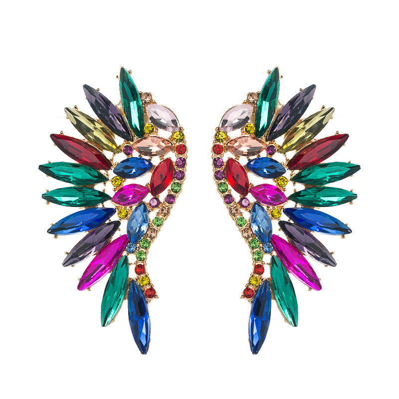 Exaggerated Fan-shaped Bohemian Wings Colorful Rhinestone Earrings
