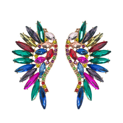 Exaggerated Fan-shaped Bohemian Wings Colorful Rhinestone Earrings