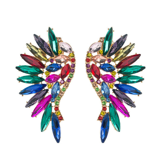 Exaggerated Fan-shaped Bohemian Wings Colorful Rhinestone Earrings