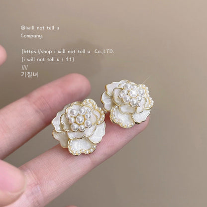 Camellia Sier Needle Plated Drop Oil Pearl Earrings