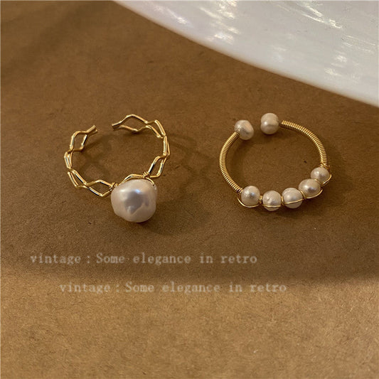 Retro Freshwater Pearl Woven Open Index Rings