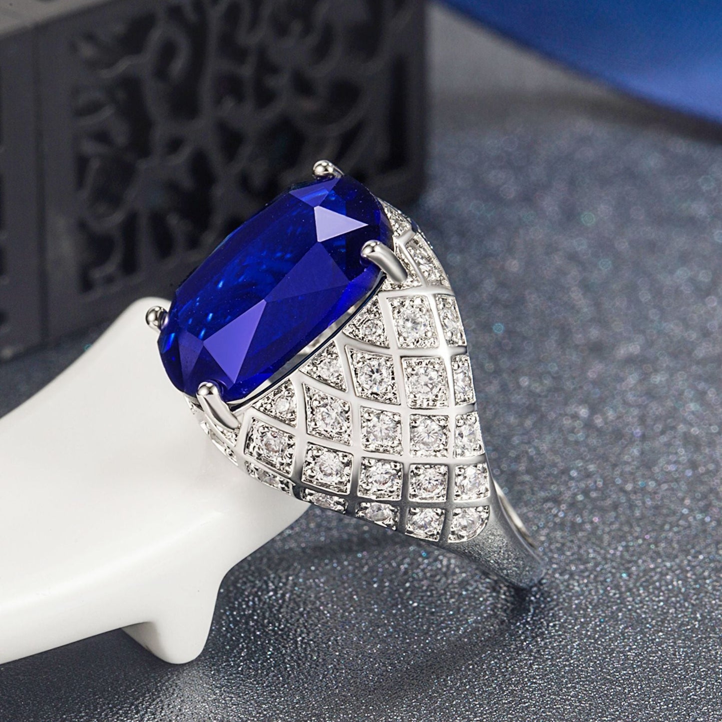 Men's Fat Rectangular Sapphire Full Diamond Group Inlaid Rings