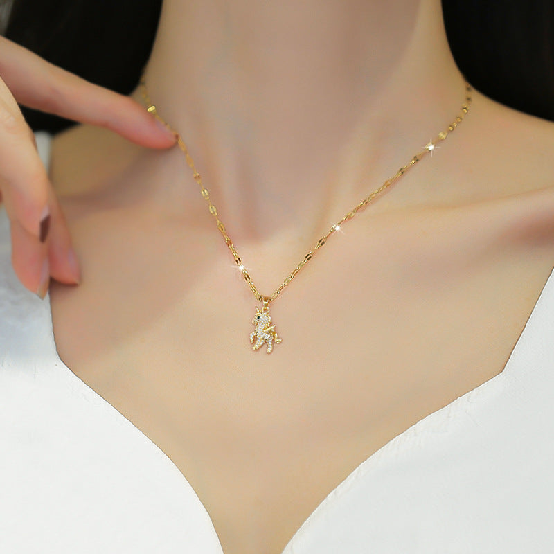 Women's Titanium Steel Fashion Small Clavicle Gold Diamond Unicorn Necklaces