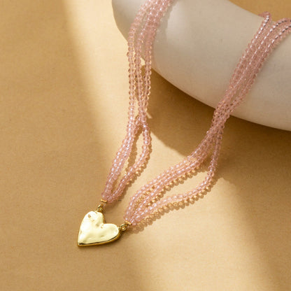 Women's Pink Crystal Stitching Alloy Peach Heart Necklaces