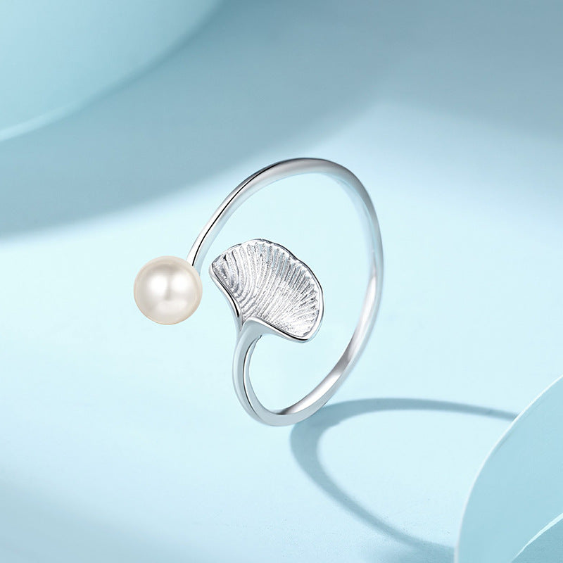 Pearl Ginkgo Leaf Female Sterling Sier Simple Rings