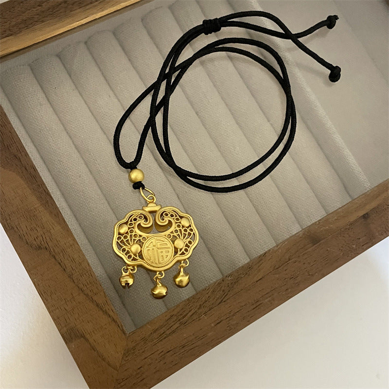 Chinese Style Lucky Lock Pendant Golden Bean Long Life Necklaces