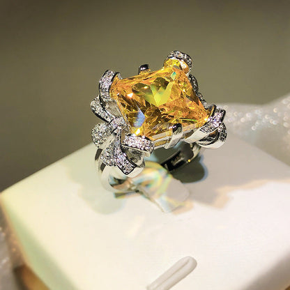 Luxury Diamond Yellow Princess Square Ice Flower Rings